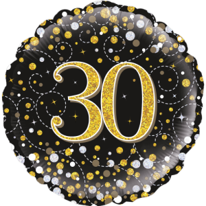 30th Sparkling Fizz Birthday Black & Gold Balloon in a Box