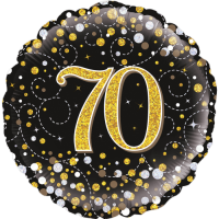 70th Sparkling Fizz Birthday Black & Gold balloon