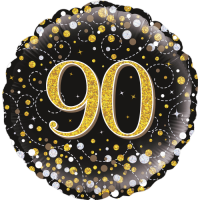 90th Sparkling Fizz Birthday Black & Gold balloon